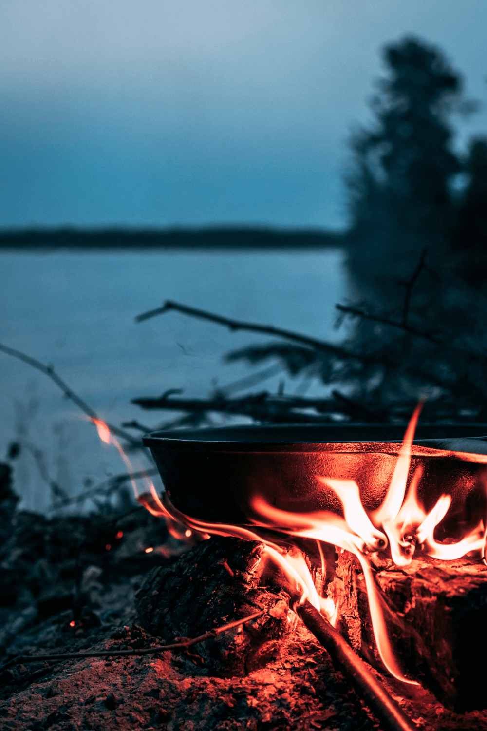 Delicious camping meal cooked over an open fire at sunset, showcasing the joys of outdoor cooking and nature appreciation.