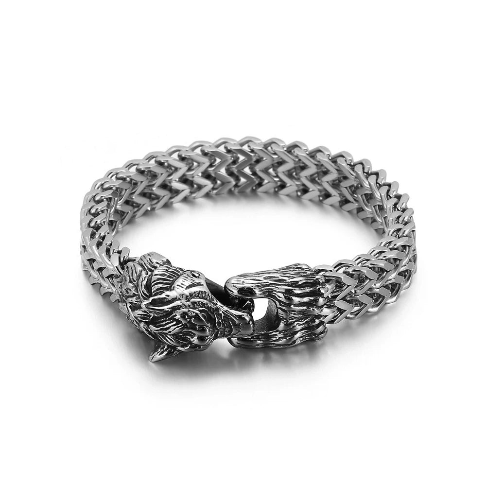 Artistic depiction of the Fenris Wolf tail bite bracelet in stainless steel, highlighting the detailed design and Norse cultural heritage.