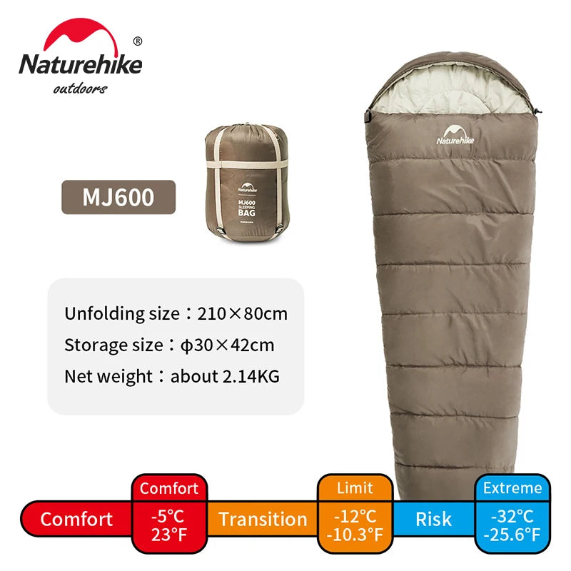 Naturehike Alpine Series MJ300 sleeping bag unfolded, showcasing its spacious 205x75 cm size on a camping site.