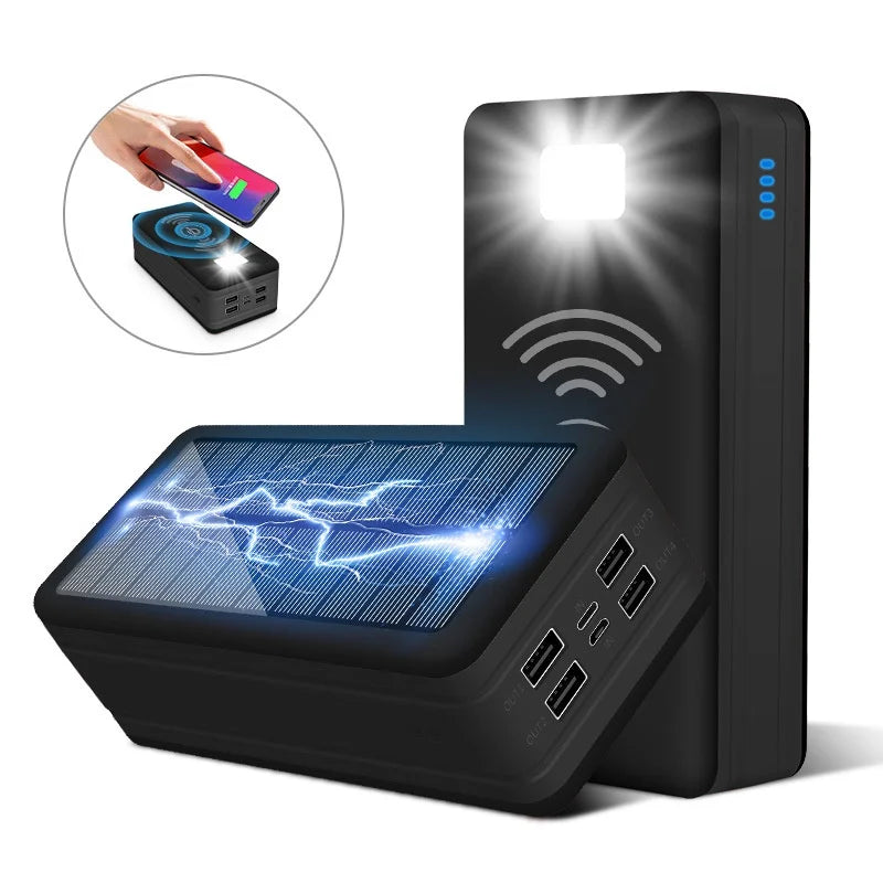 Close-up image of the EcoCharge Explorer 100K Solar Power Bank displaying its dual USB ports and integrated solar panel for efficient charging.