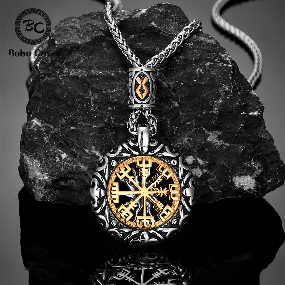 Elegant Guiding Star Vegvisir Necklace in gold optic with stainless steel chain, featuring a detailed 1.38 x 1.57-inch Viking compass pendant for navigation and protection.