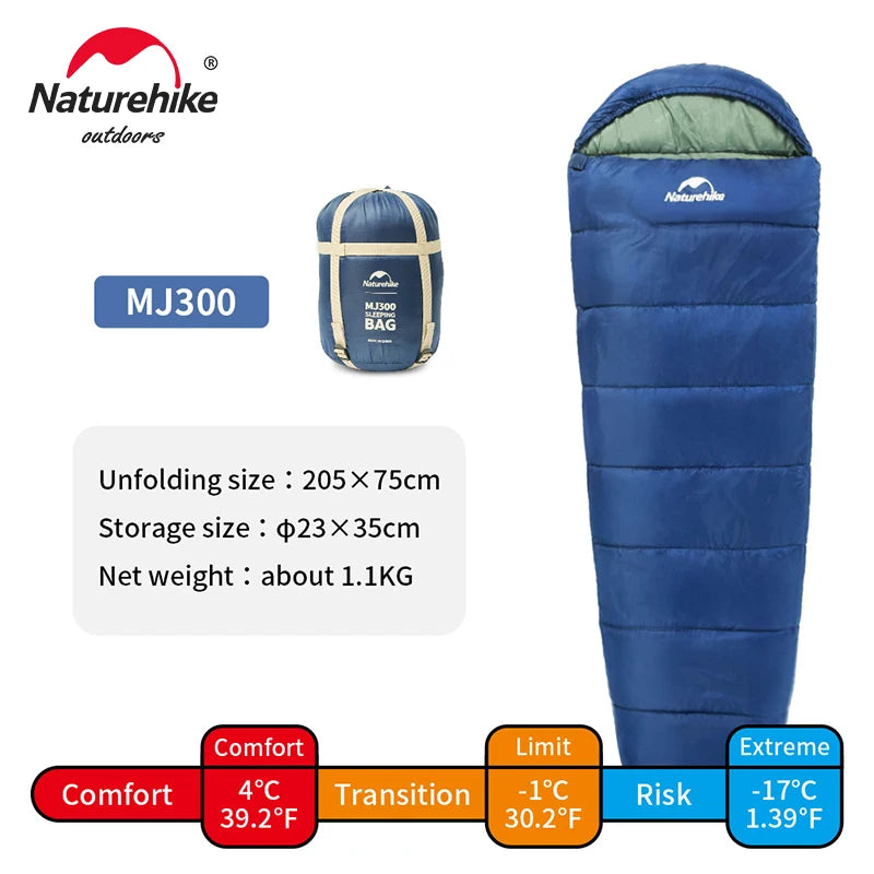 Compact view of the Naturehike MJ600 sleeping bag packed in its storage size of 30x42 cm, demonstrating its portability for backpacking.