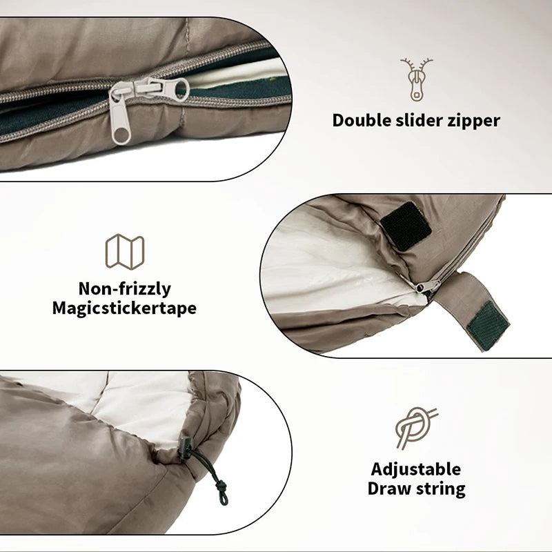 Close-up of the durable terylene fabric of the Naturehike MJ300 sleeping bag, highlighting its quality and suitability for outdoor use.
