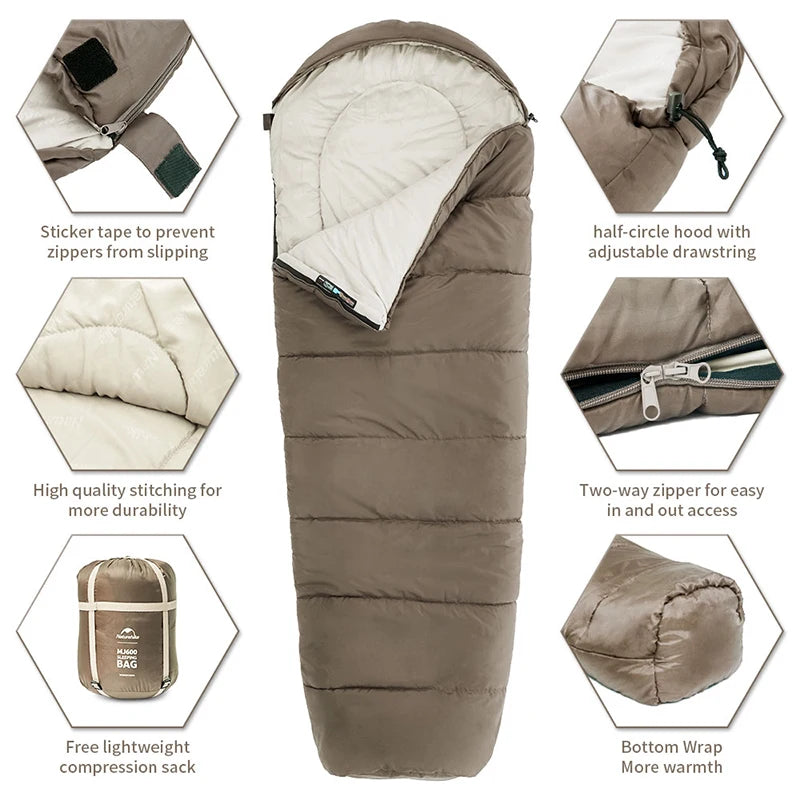 Side-by-side comparison of Naturehike MJ300 and MJ600 sleeping bags, illustrating differences in size and storage capability for various camping needs.