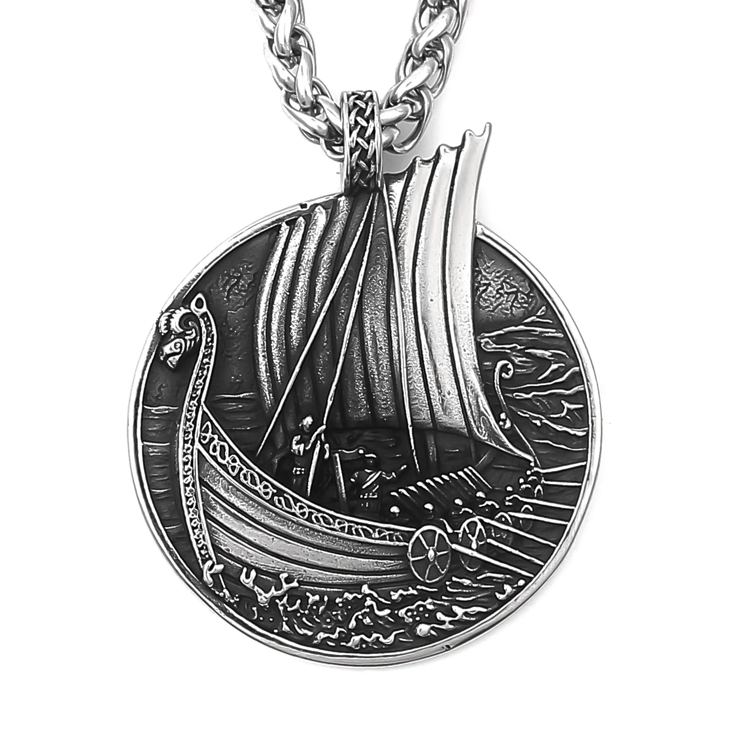 Close-up of the Viking Long Ship Necklace highlighting the clinker-built ship design, reflecting the Viking spirit of exploration and conquest.