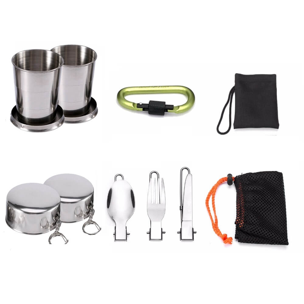 Complete outdoor cooking set with foldable utensils and storage bags