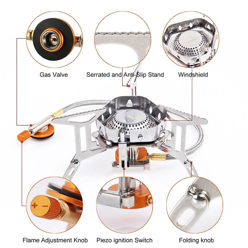 Customizable heat with piezo ignition and flame adjustment on windproof gas burner