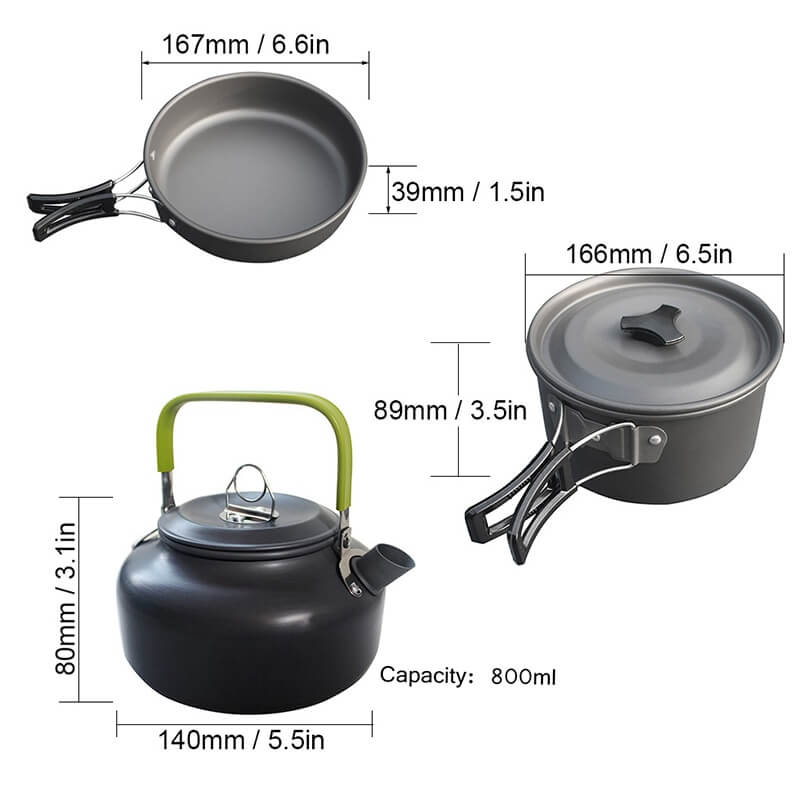 High-quality outdoor cooking set with pot, teapot, bowls, mugs, and utensils
