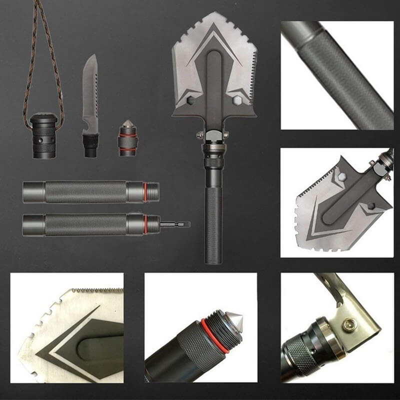 Versatile and durable military folding shovel, includes screwdrivers, saws, knives and more