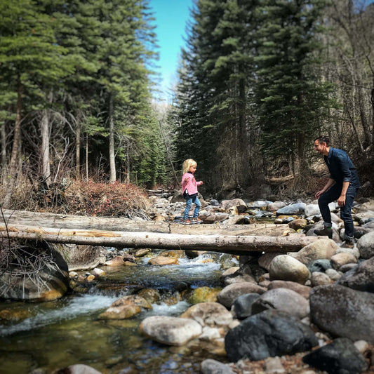 A father and daughter having fun in a forest setting