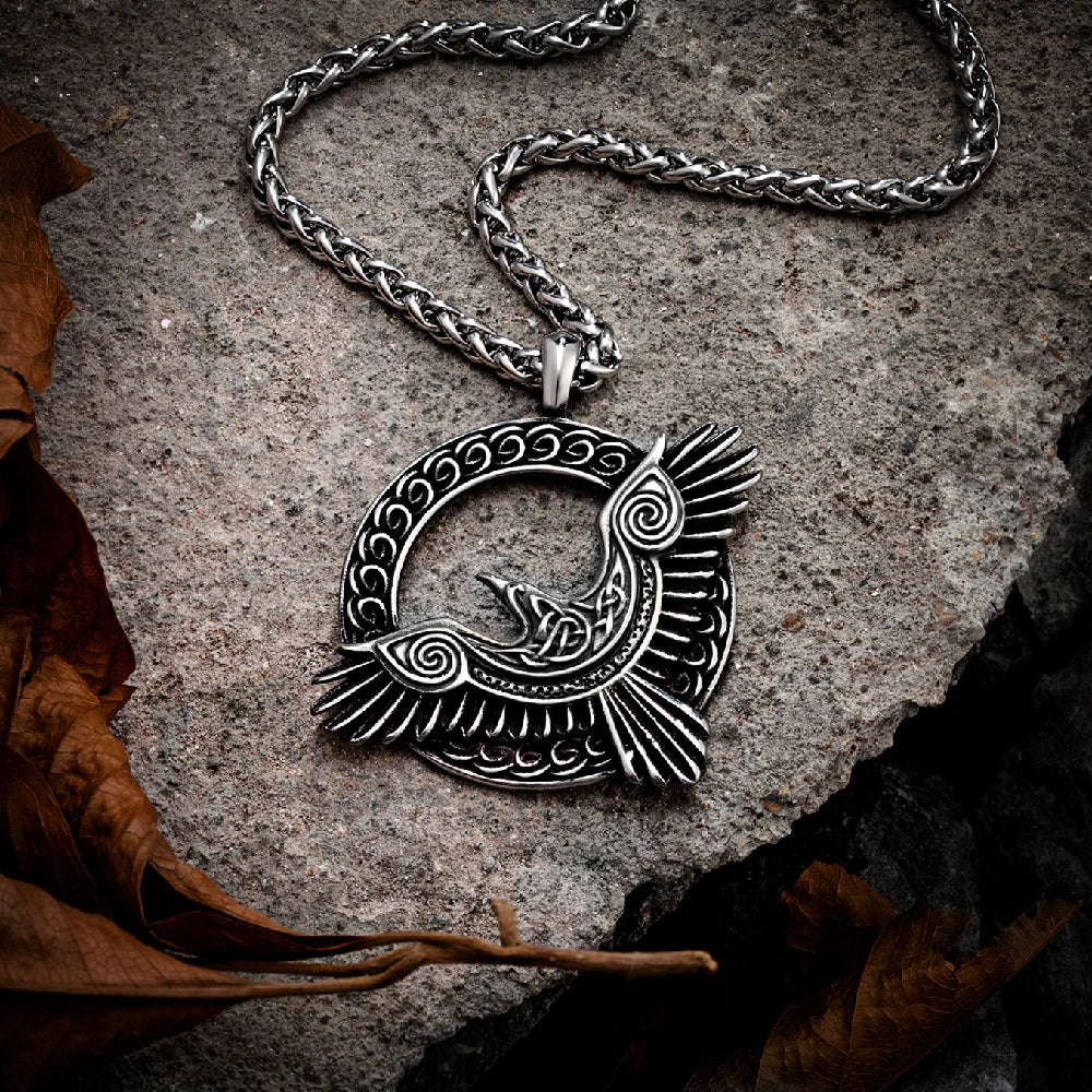 Detailed view of the large raven pendant measuring 1.85 x 1.97 inches on Odin’s Raven Flight Necklace, emphasizing its bold and mystical design.