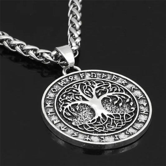 Close-up of Yggdrasil Tree of Life pendant on stainless steel necklace, showcasing detailed design of Norse cosmology’s sacred tree on a zinc alloy pendant.