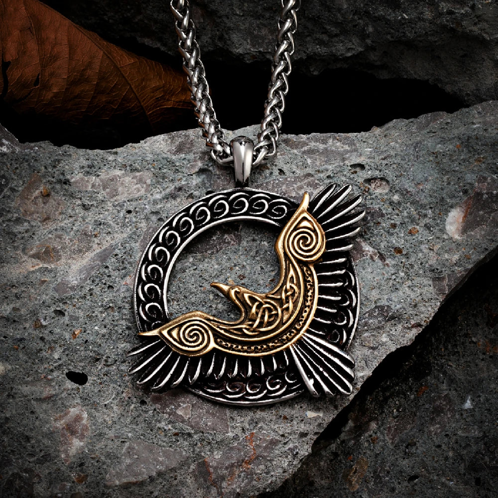 Close-up of Odin’s Raven Flight Necklace pendant depicting a flying raven in detailed design, crafted from high-quality materials.