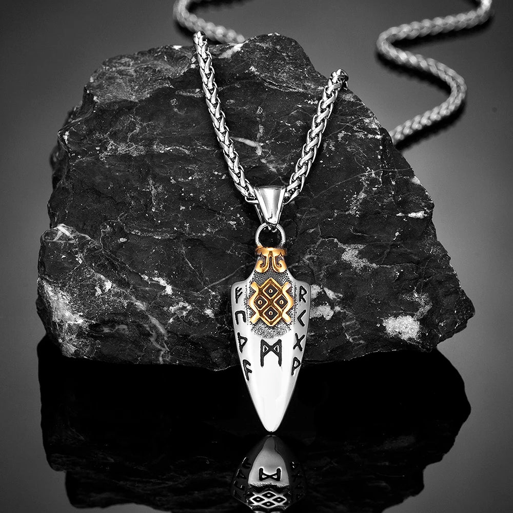 Dynamic image of the Gungnir Spear Necklace pendant catching light, highlighting the high-quality stainless steel material and sleek finish.