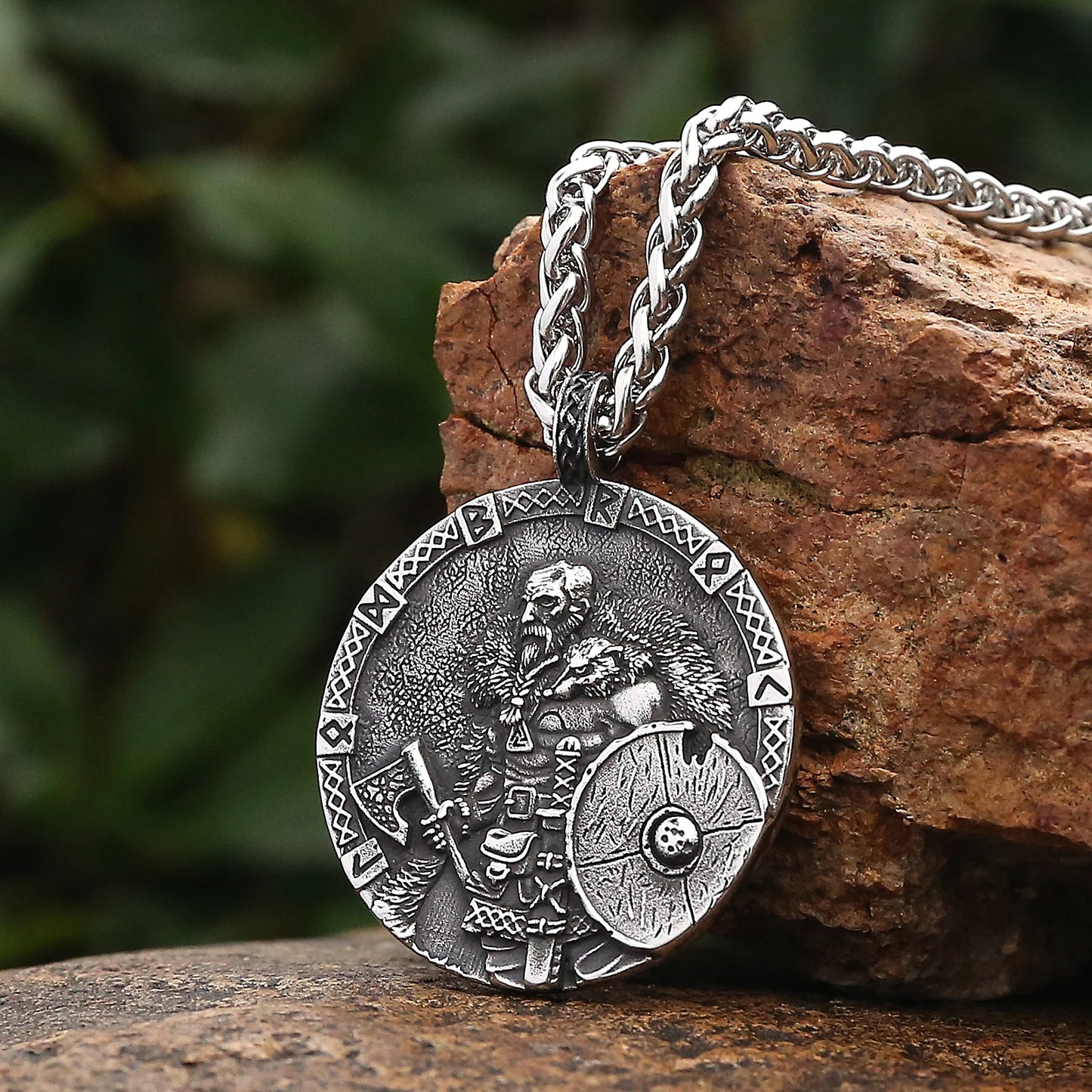 legant display of King Ragnar's pendant necklace, crafted from high-quality stainless steel, capturing his legendary Viking spirit.