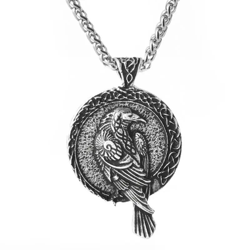 Close-up of Odin's Raven Wisdom Necklace with Hugin pendant in detailed zinc alloy, symbolizing thought, on a 23.6-inch chain.