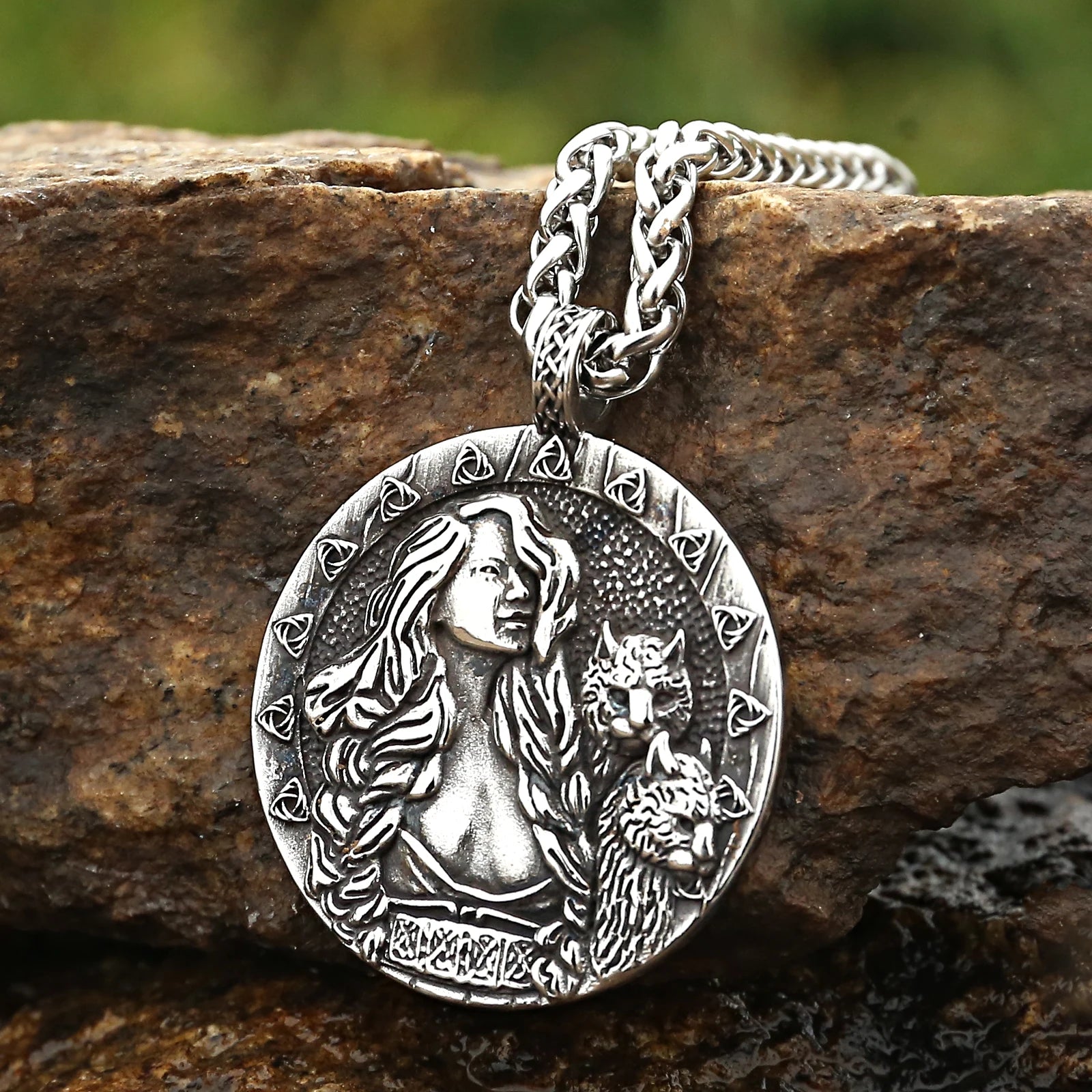 Elegant stainless steel pendant necklace depicting Freya, the Norse goddess of love and war, shown on a detailed 1.57-inch pendant hanging from a 23.6-inch wheat chain.