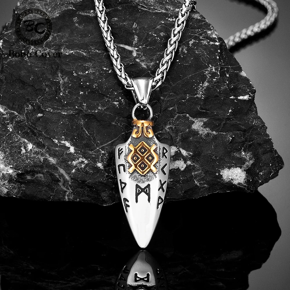 Close-up of Odin’s Gungnir Spear Necklace featuring a stainless steel pendant shaped like the mythical spear, showcasing intricate design details.