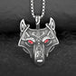 Stylish display of the Fenris Wolf necklace with green glowing eyes on a durable stainless steel chain, symbolizing Norse mythology's wild spirit.