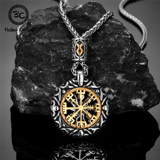 Elegant Guiding Star Vegvisir Necklace in gold optic with stainless steel chain, featuring a detailed 1.38 x 1.57-inch Viking compass pendant for navigation and protection.