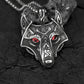 Close-up of Fenris Wolf Luminary Pendant with glowing blue eyes, highlighting the intricate zinc alloy craftsmanship and fierce design.