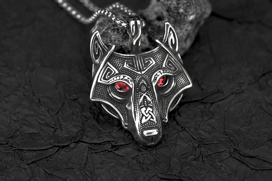 Close-up of Fenris Wolf Luminary Pendant with glowing blue eyes, highlighting the intricate zinc alloy craftsmanship and fierce design.