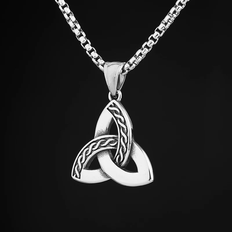 Close-up of the stainless steel Celtic Essence Pendant featuring the Triquetra knot, symbolizing eternal spiritual life on a 23.6-inch chain.