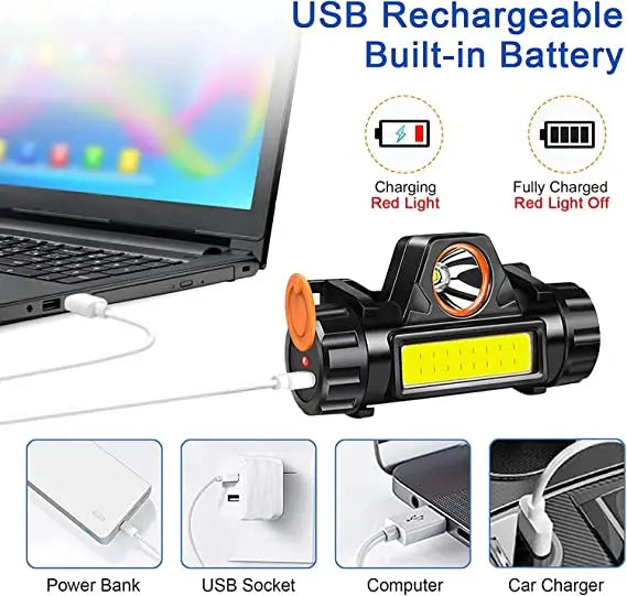 LuminTrail UltraBright Headlamp demonstrating its 90-degree adjustable tilt feature, focusing light on a close-up task in a camping scenario.