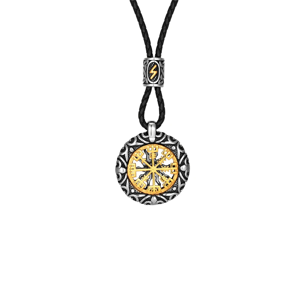 Versatile Vegvisir Necklace displayed with two chain options, stainless steel and leather, highlighting the 23.6-inch length and robust material quality.