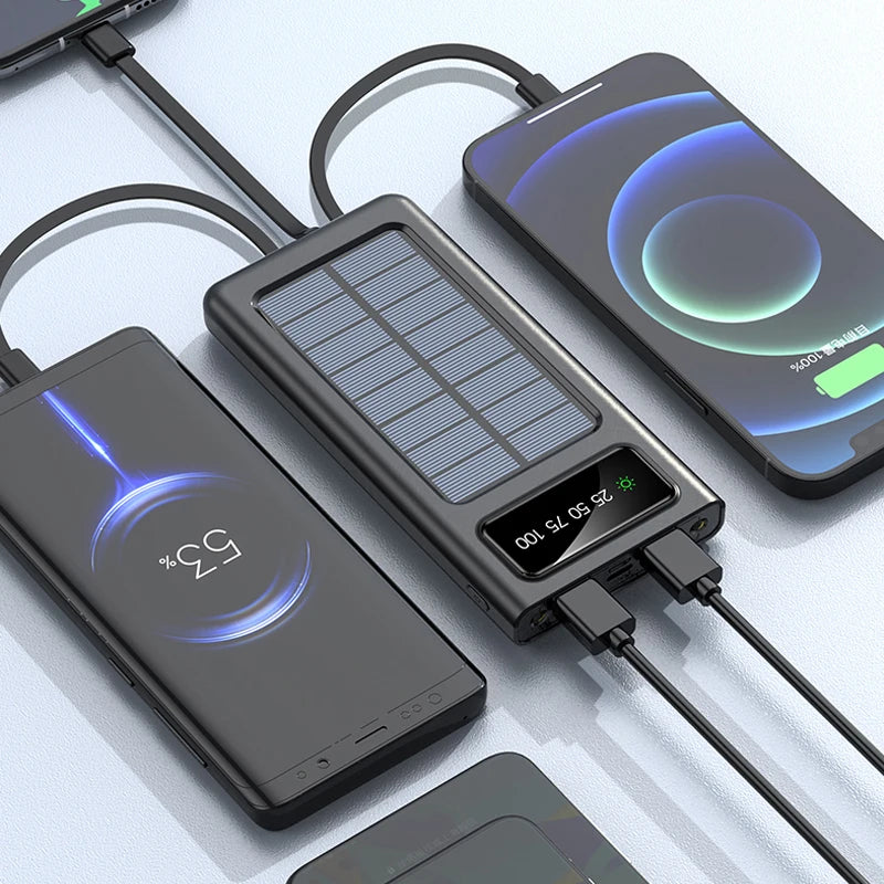 Person using the SolarXtend PowerHub 80K to charge an iPhone and Xiaomi phone simultaneously, highlighting its dual USB output capability.