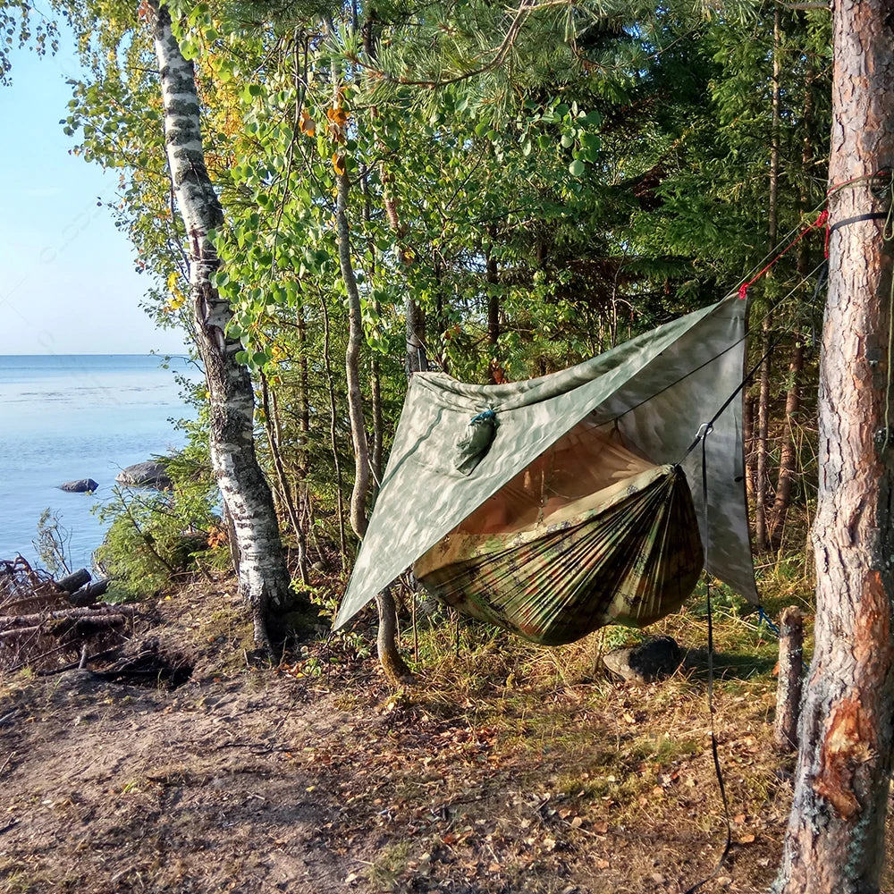 EverShield Expedition Hammock packed into its integrated stuff sack, emphasizing the hammock’s portability and lightweight design.