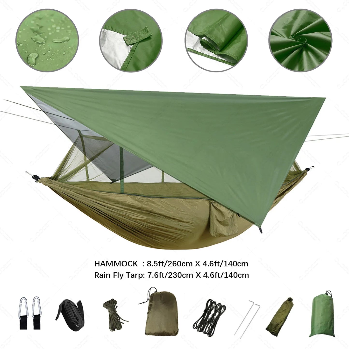 EverShield Expedition Hammock set up in a forest, showcasing its built-in mosquito net and expansive rain tarp for all-weather protection.