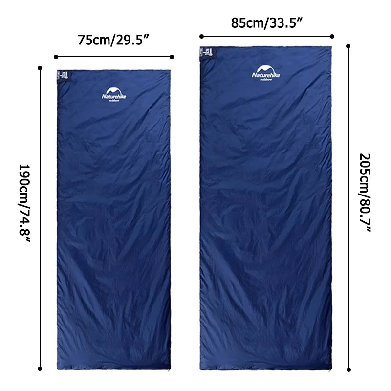 Two Naturehike Starlite LW180 Sleeping Bags spliced together in a cozy campsite setup, illustrating the versatility for couples or family camping.