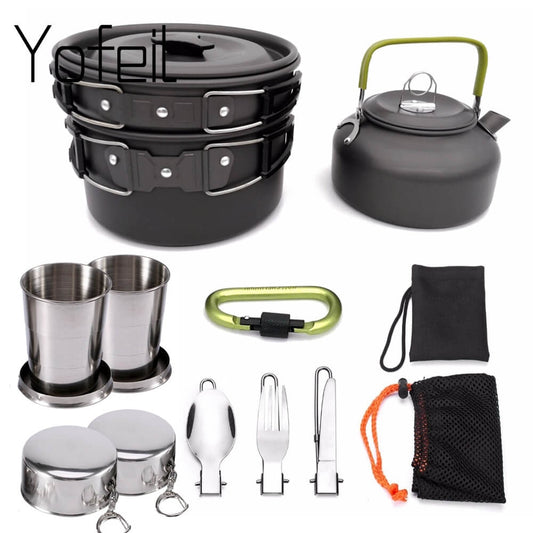 Outdoor cooking set with aluminum alloy pot, teapot, and bowls
