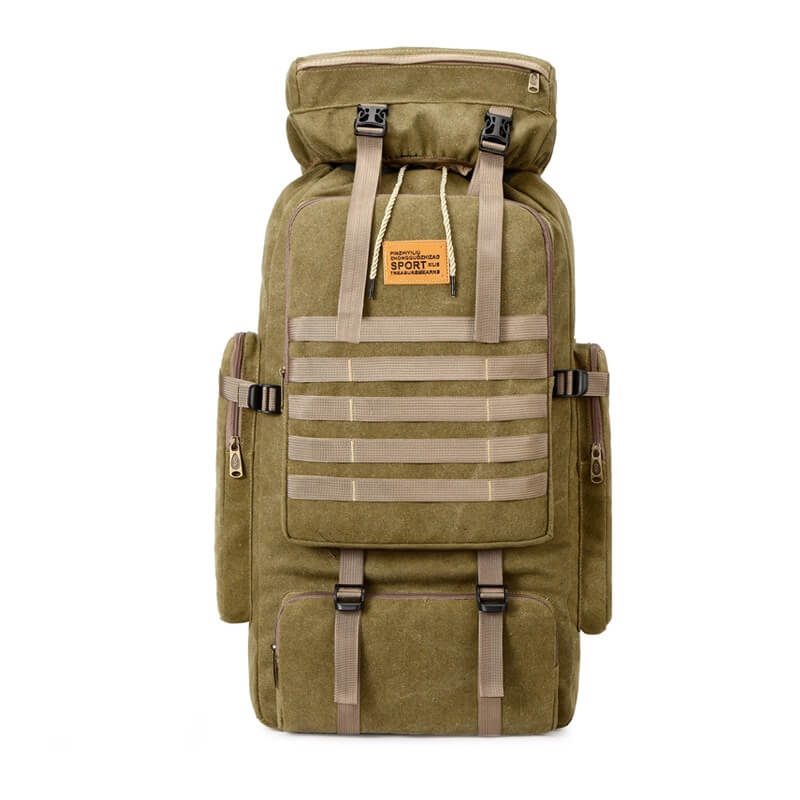Tactical 70L backpack alongside camping gear